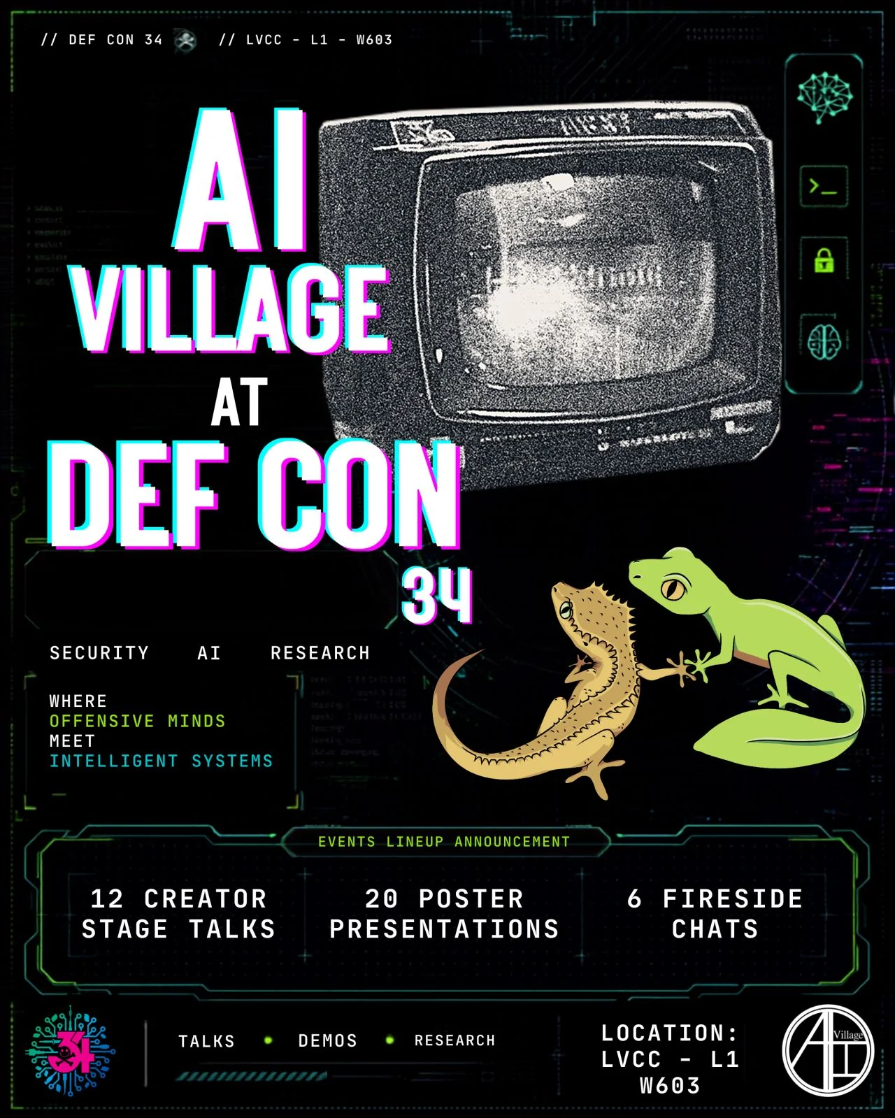 AI Village at DEF CON 34 announcement with a retro computer and geckos: 12 Creator Stage talks, 20 poster presentations, 6 fireside chats, at LVCC Level 1, Room W603.